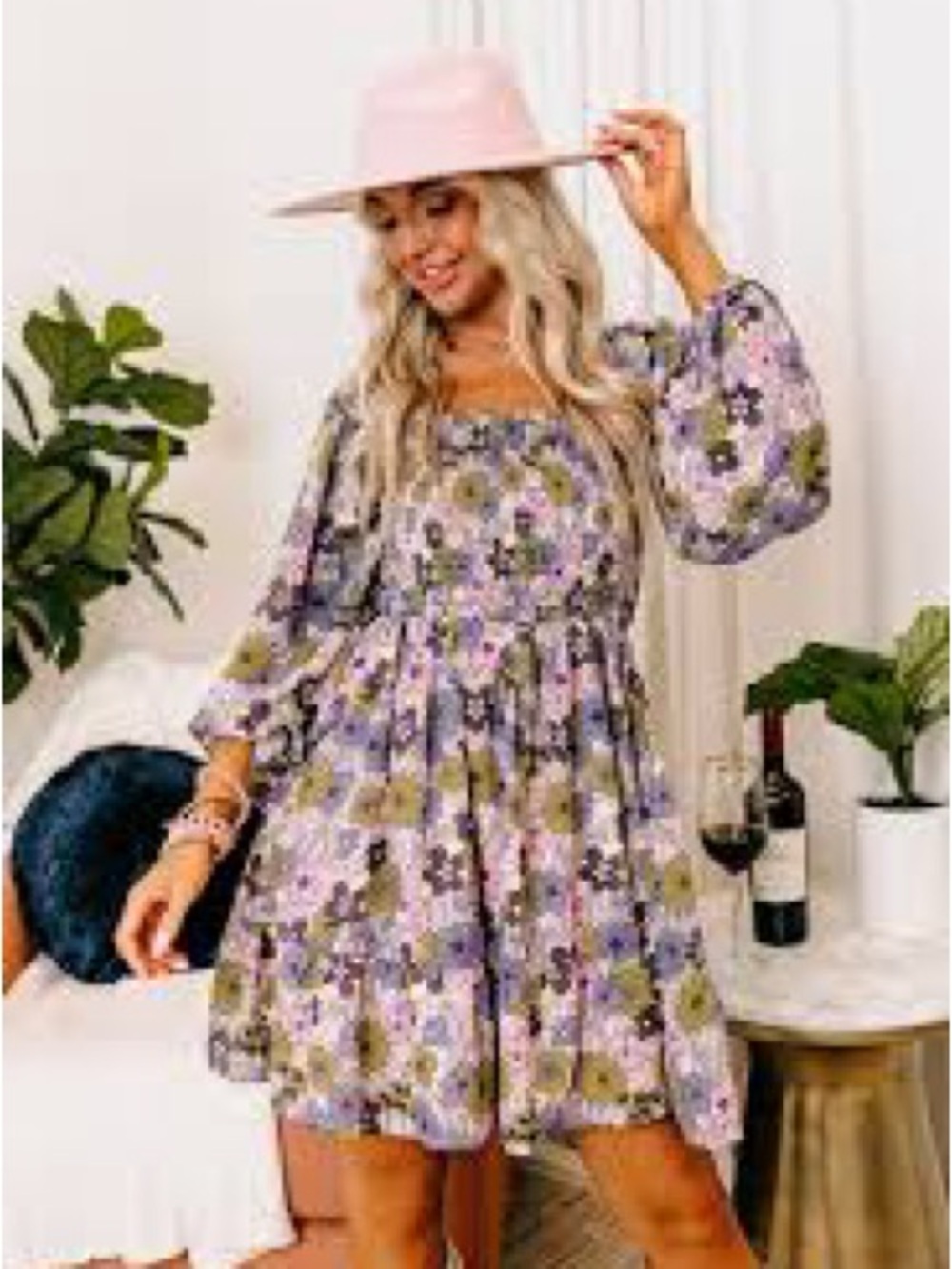 Floral Smocked Mini Dress in Purple and Olive - Picture 4 of 5